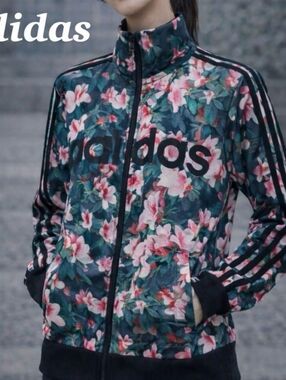 adidas Floral Bomber Jacket in Dark Green & Pink